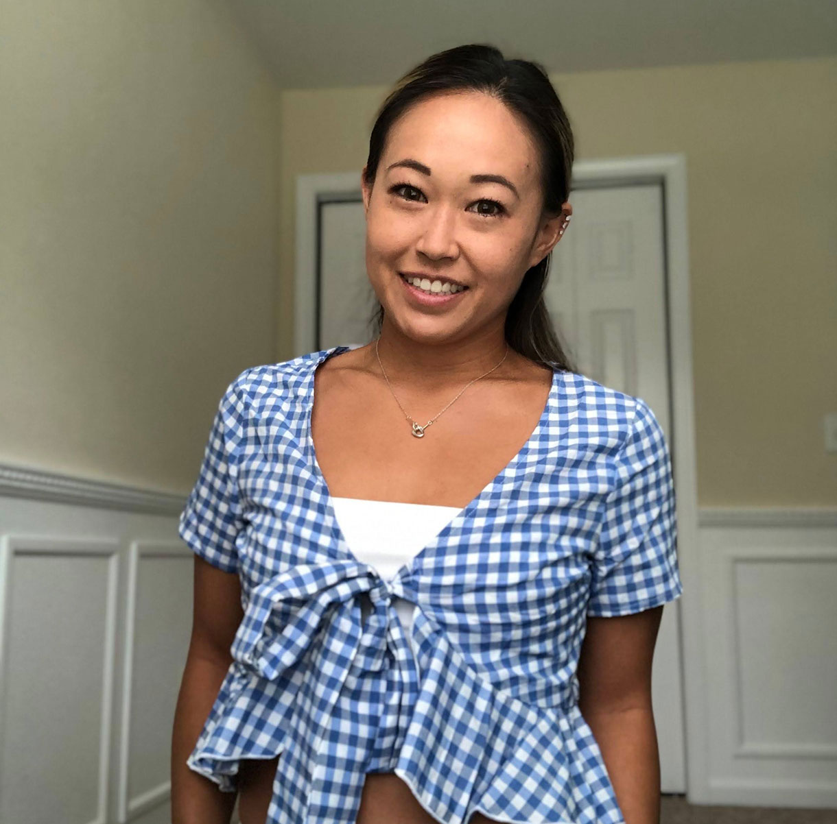 blue and white gingham top