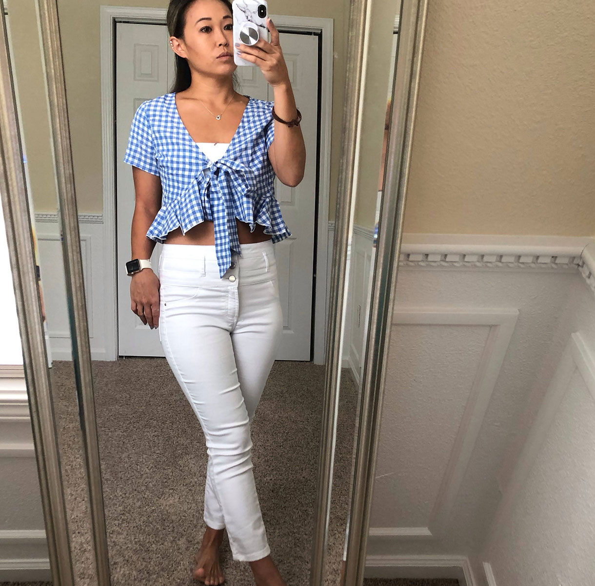 blue and white gingham top