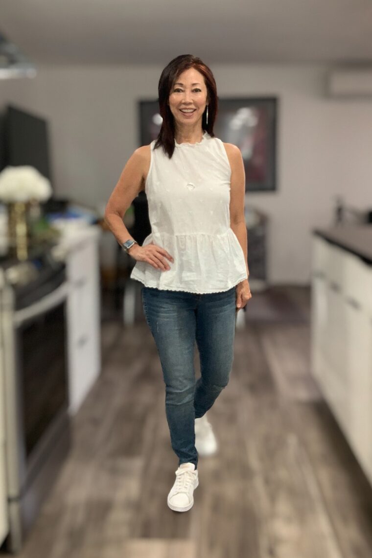 button down the front jeans and white eyelet peplum top