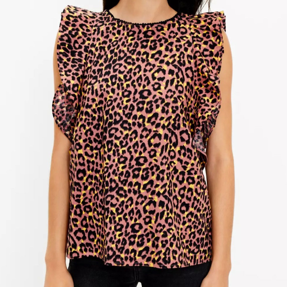 leopard print ruffle sleeveless pink and black