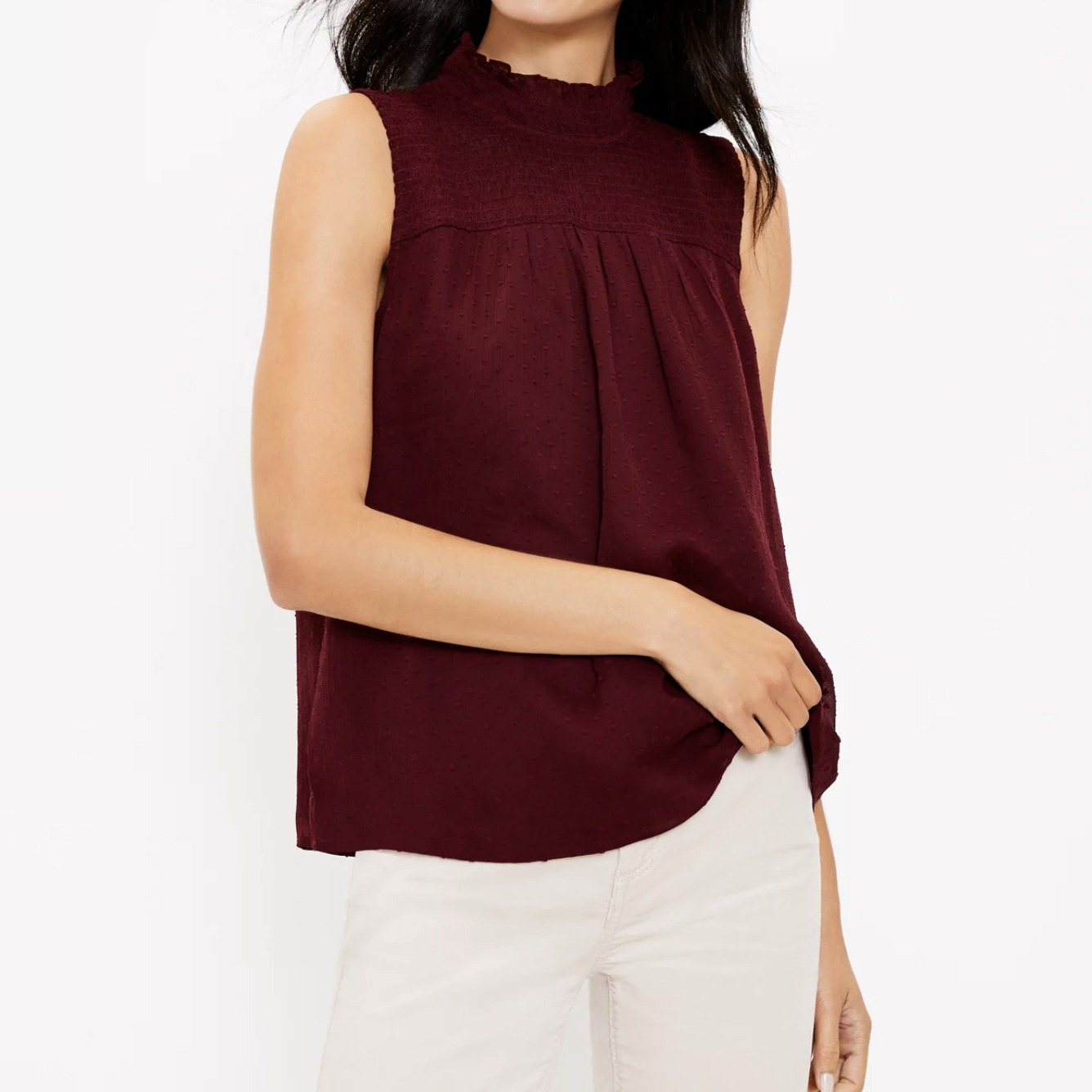 red sleeveless gathered holiday top
