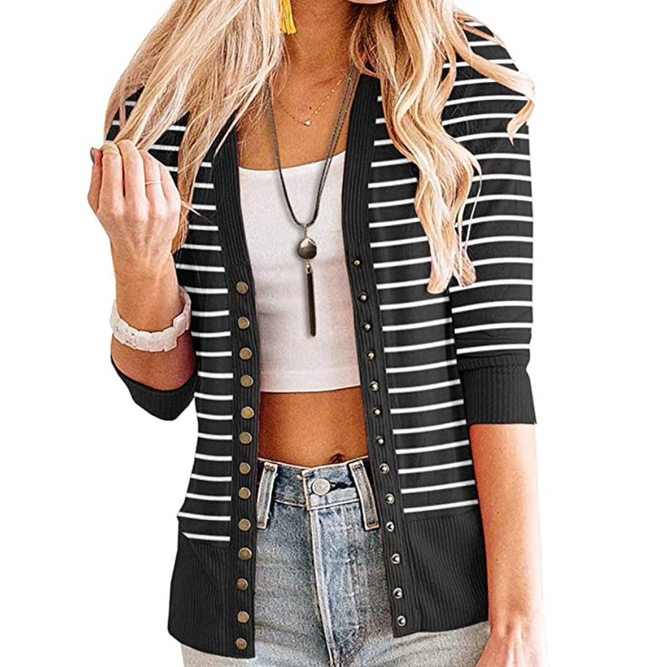 V-Neck Open Front Striped Cardigan Sweater