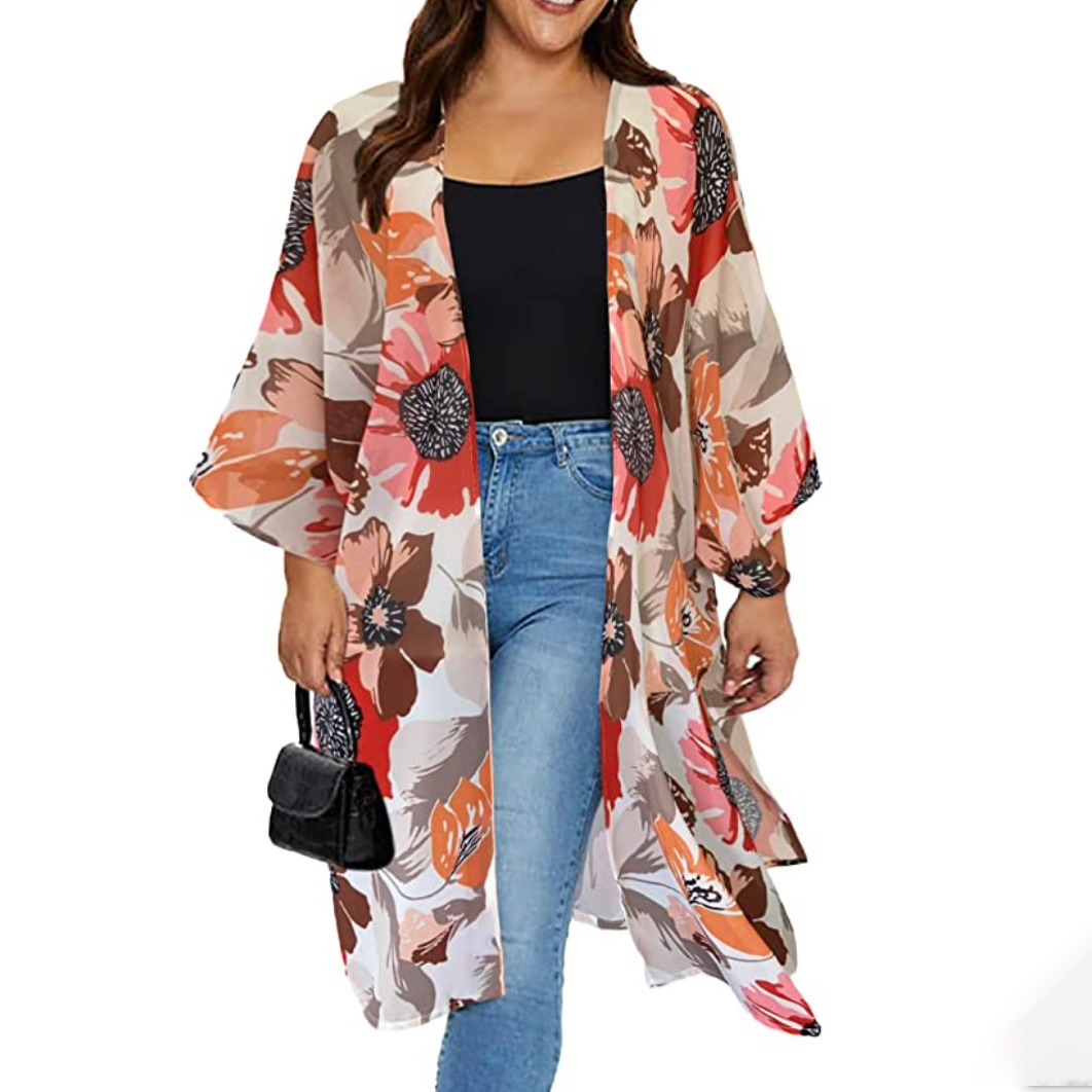 Floral Print Puff Sleeve Kimono Cardigan Loose Cover Up Casual Blouse Tops