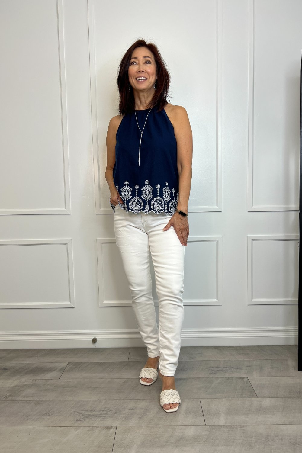 dainty summer work outfit in white jeans