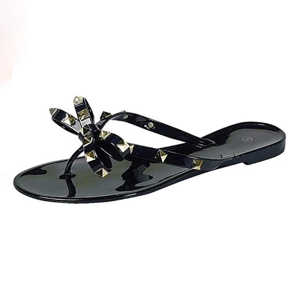 Womens Studded Jelly Flip Flops Sandals with Bow