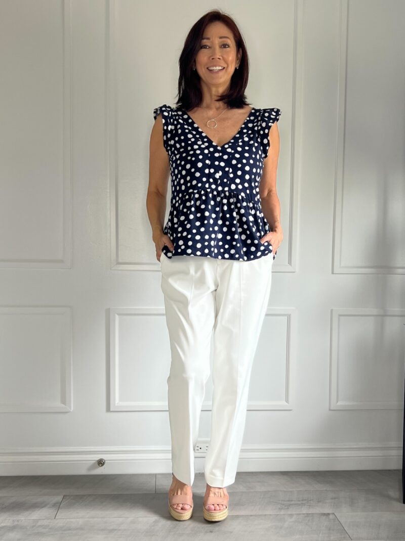 Shop the looks Peplum top polka dot flutter sleeve navy blue