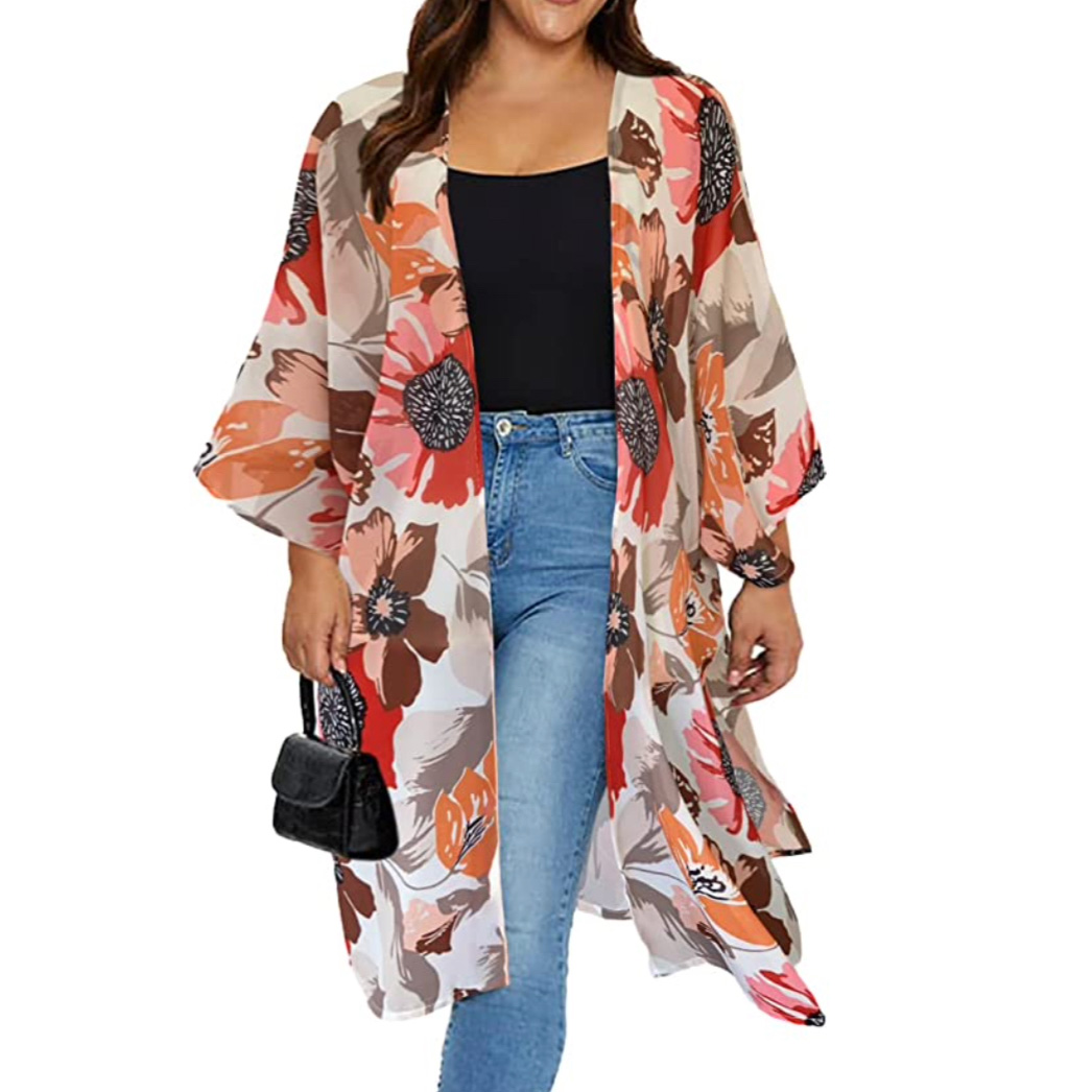 Floral Print Puff Sleeve Kimono Cardigan