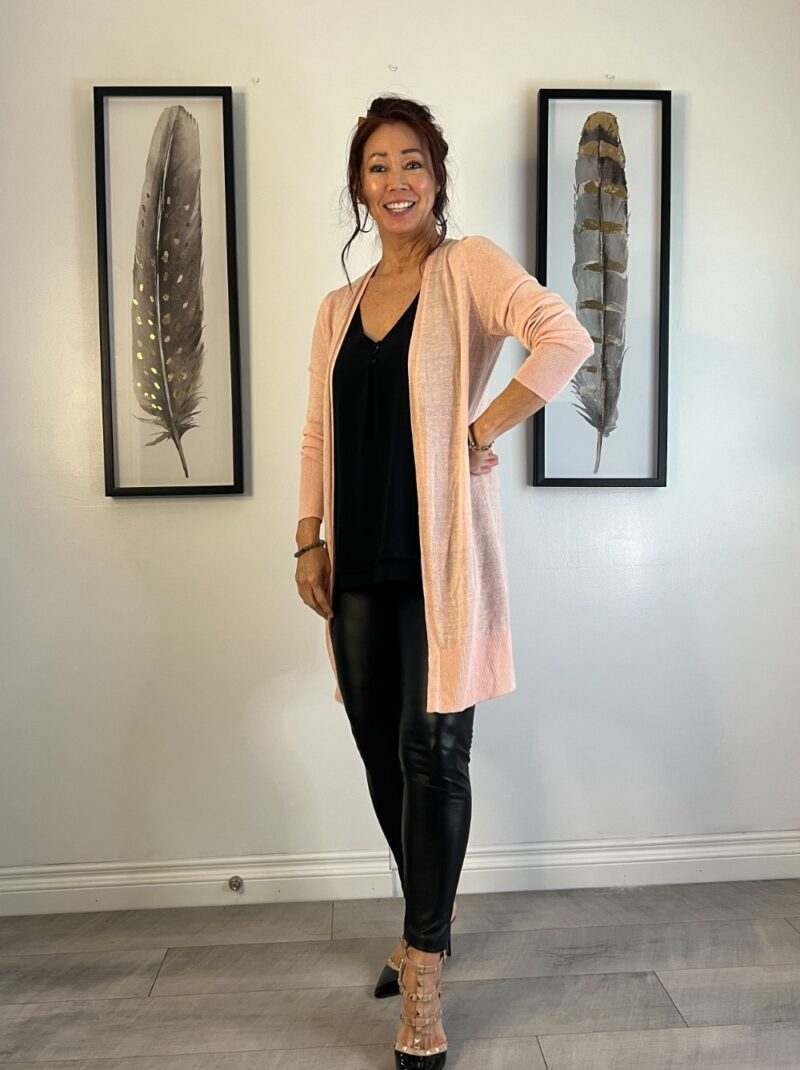 black cami and pants pale pink cardigan and rockstud sandals