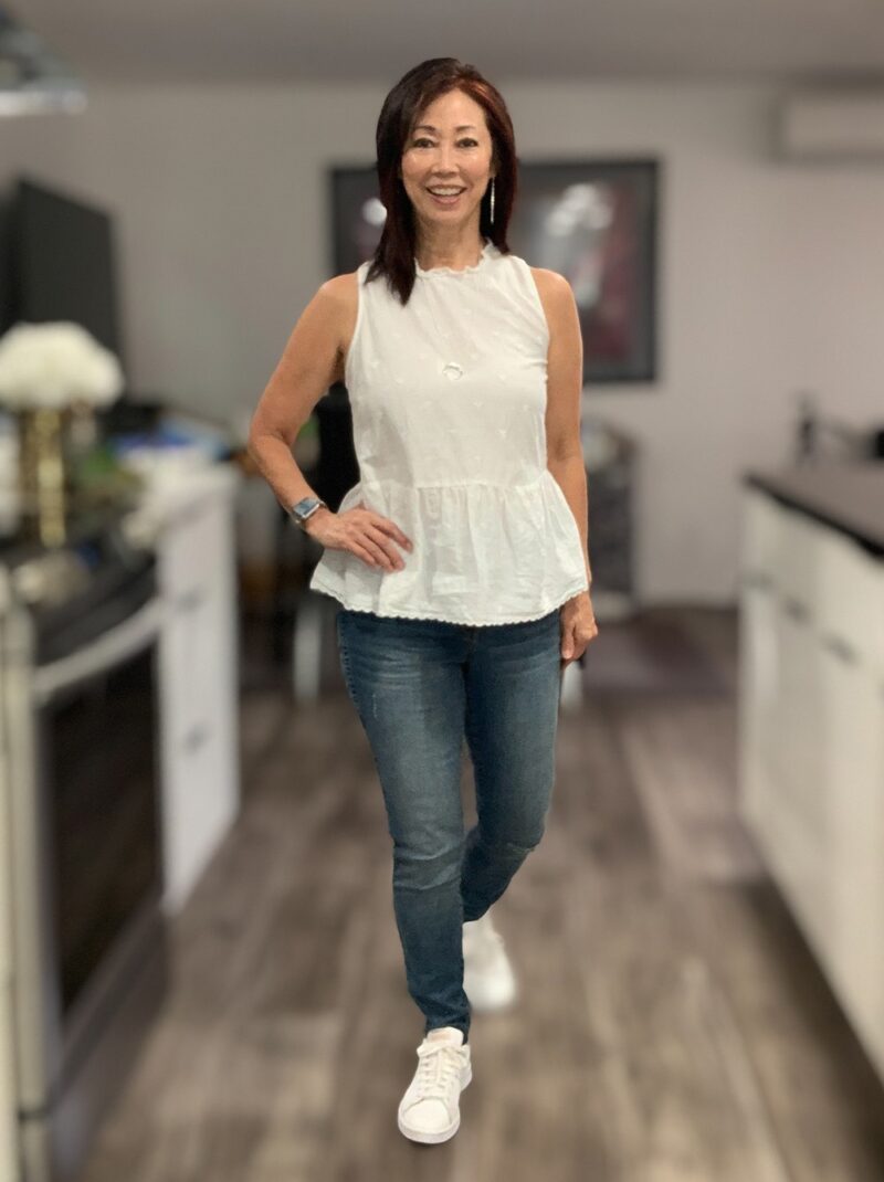 button down the front jeans and white eyelet peplum top